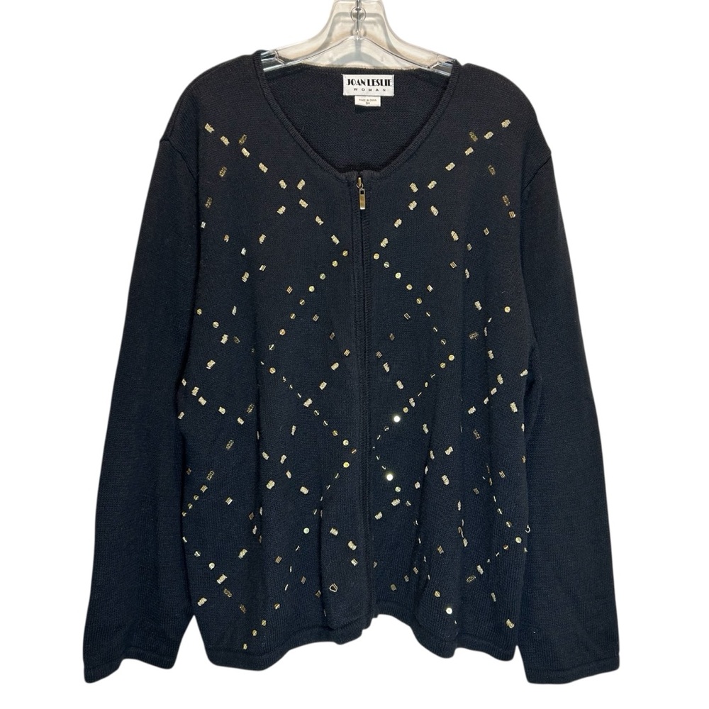 VTG Black Zippered Cotton Ramie Cardigan w/ Gold Embroidery, Beads, Sequins - 3X